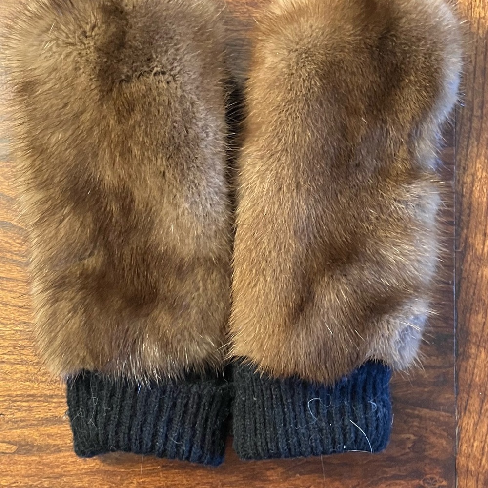 Real Mink Brown Fur Mittens with Black Knit Cuffs